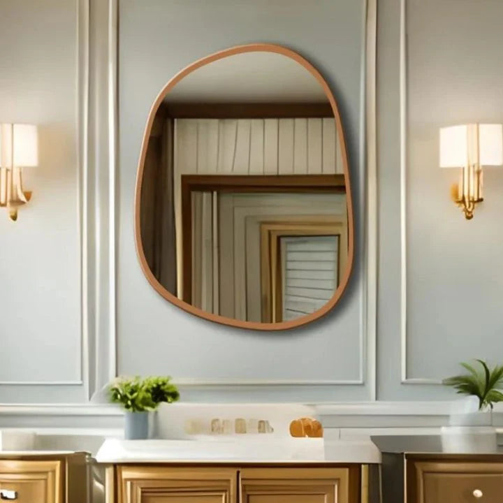 Teak Wood Irregular Organic Shape Asymmetrical Luxury  Modern Designer Unique Premium Vista Mirror