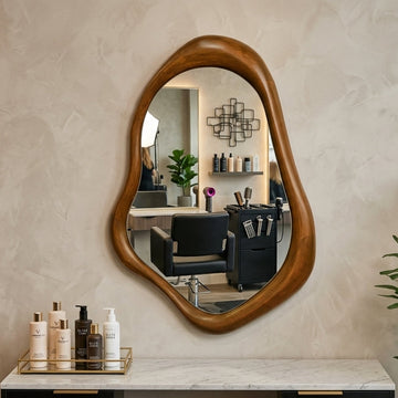 Teak Wood Irregular Organic Shape Asymmetrical Luxury  Modern Designer Unique Premium Ember Mirror