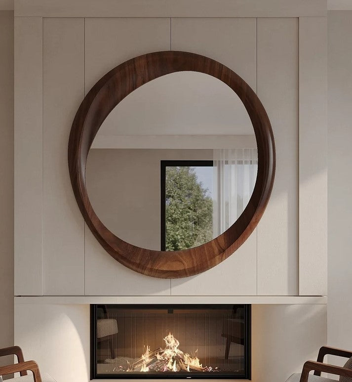 Teak Wood Irregular Organic Shape Asymmetrical Luxury  Modern Designer Unique Premium Sleek Mirror