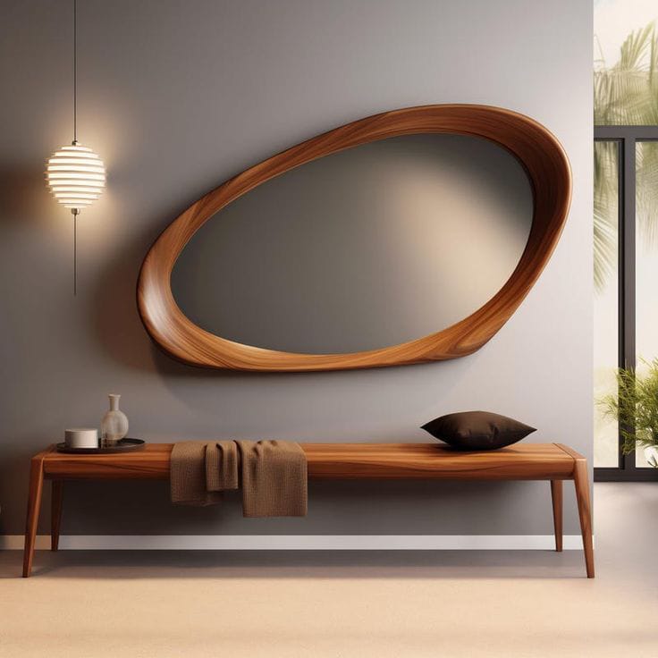 Teak Wood Irregular Organic Shape Asymmetrical Luxury  Modern Designer Unique Premium Aura Mirror
