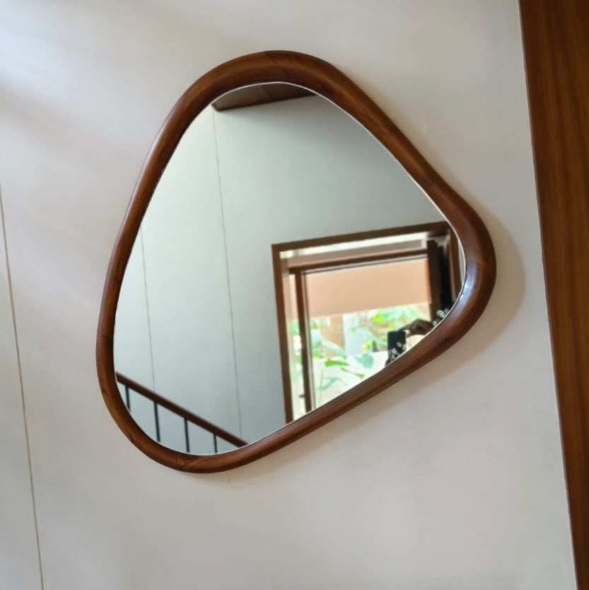 Teak Wood Irregular Organic Shape Asymmetrical Luxury  Modern Designer Unique Premium Vintage Mirror