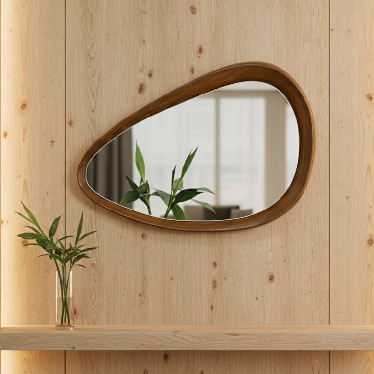 Teak Wood Irregular Organic Shape Asymmetrical Luxury  Modern Designer Unique Premium Refine Mirror