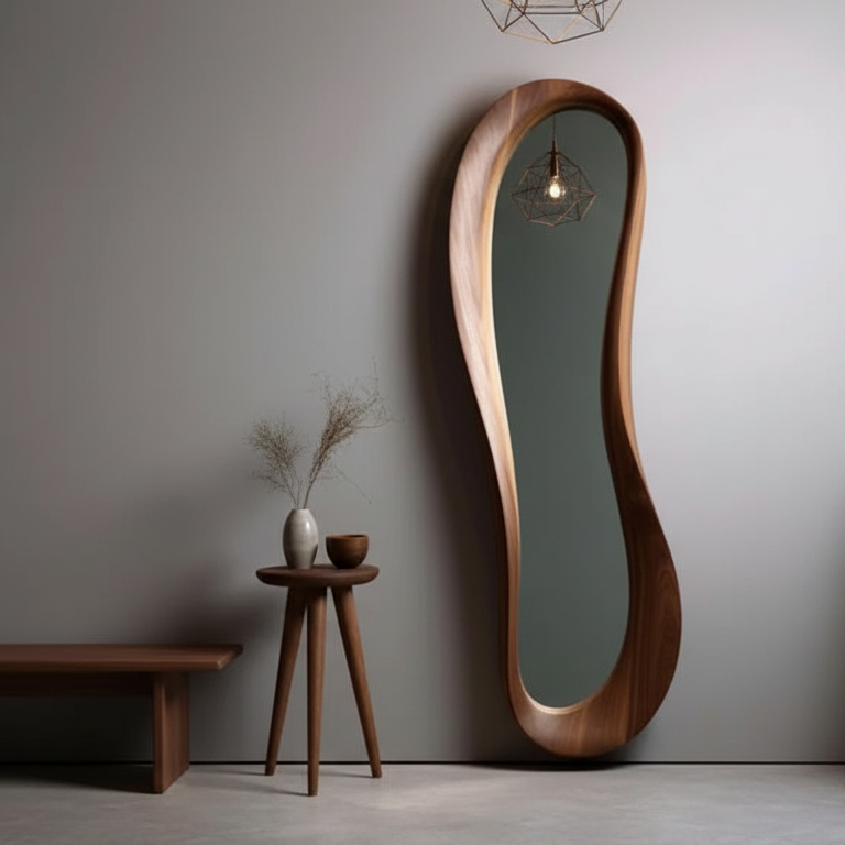 Teak Wood Irregular Organic Shape Asymmetrical Luxury  Modern Designer Unique Premium Dino Mirror