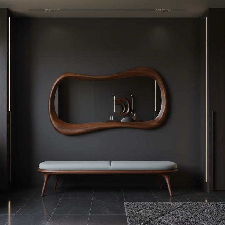 Teak Wood Irregular Organic Shape Asymmetrical Luxury  Modern Designer Unique Premium Reva Mirror